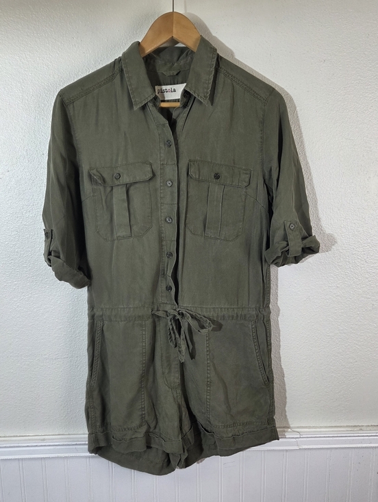 pistola Pants - Pistola Olive Green Tencel Utility Romper Womens Small Button Front Drawstring